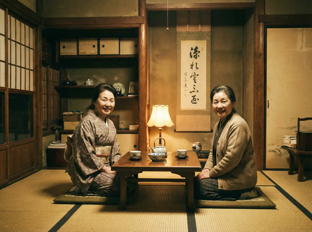 两位优雅的 伪娘h小说 在日式茶室中品茶交谈